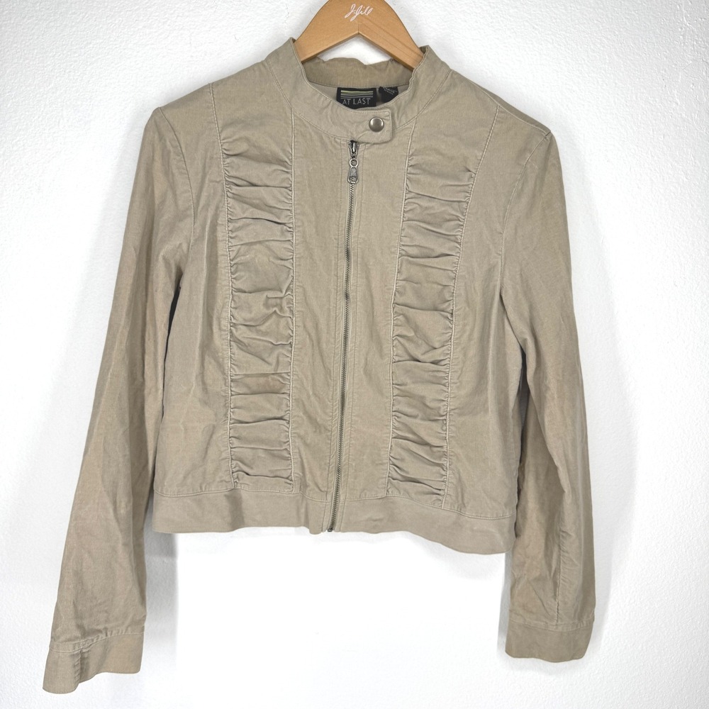 Vintage Women Corduroy Ruffled Zip Jacket Large Tan Lightweight Festival Granola